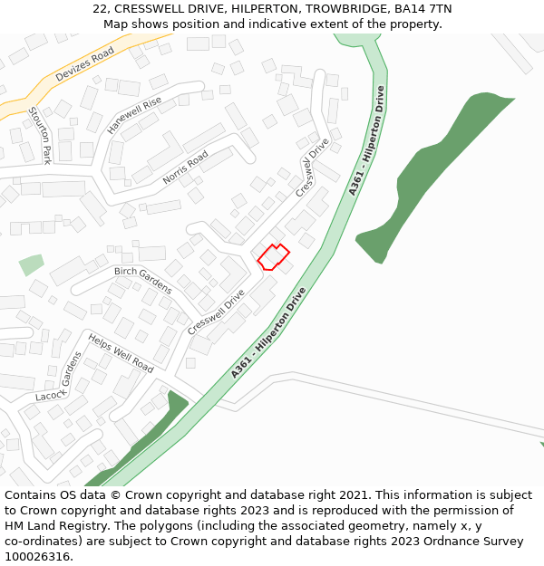 22, CRESSWELL DRIVE, HILPERTON, TROWBRIDGE, BA14 7TN: Location map and indicative extent of plot