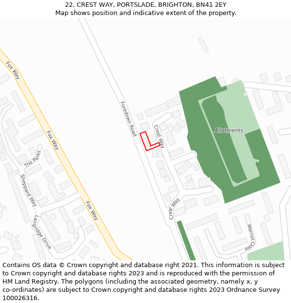 22, CREST WAY, PORTSLADE, BRIGHTON, BN41 2EY: Location map and indicative extent of plot