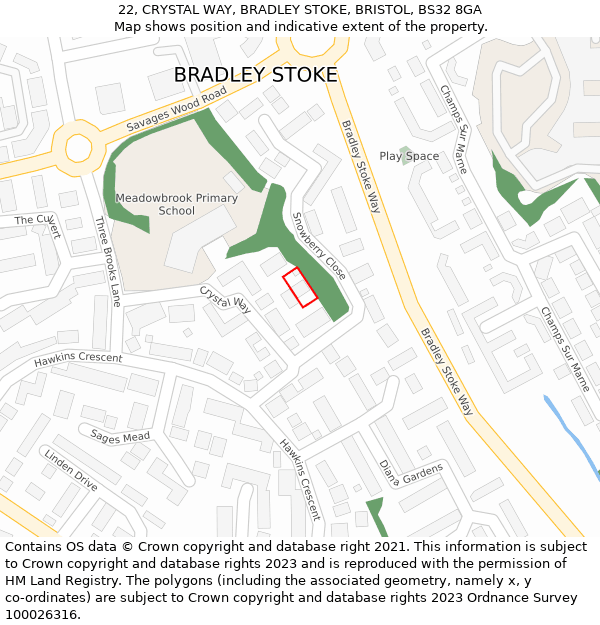 22, CRYSTAL WAY, BRADLEY STOKE, BRISTOL, BS32 8GA: Location map and indicative extent of plot