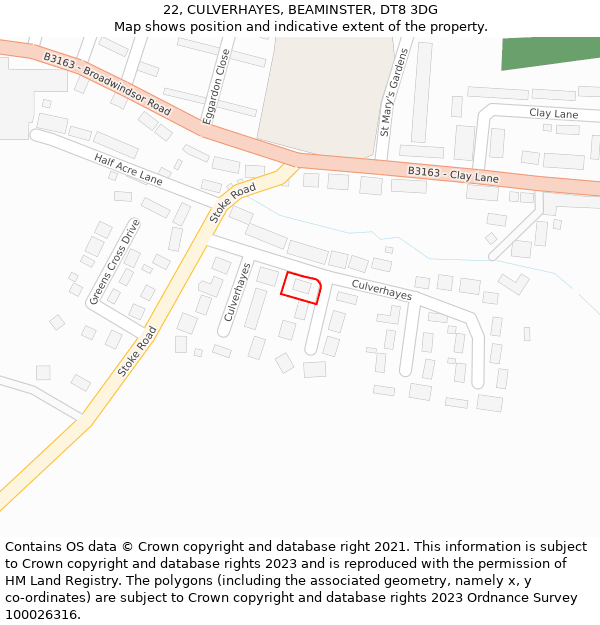 22, CULVERHAYES, BEAMINSTER, DT8 3DG: Location map and indicative extent of plot