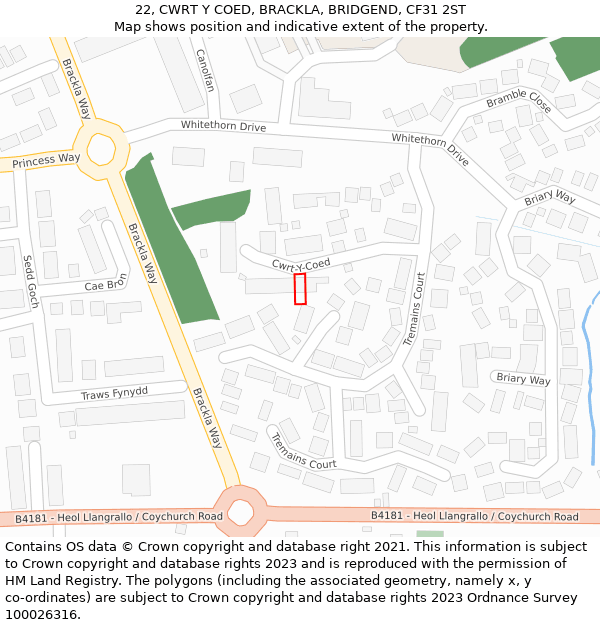 22, CWRT Y COED, BRACKLA, BRIDGEND, CF31 2ST: Location map and indicative extent of plot