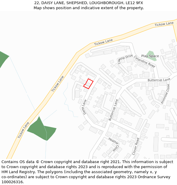 22, DAISY LANE, SHEPSHED, LOUGHBOROUGH, LE12 9FX: Location map and indicative extent of plot
