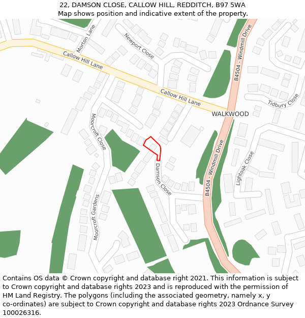 22, DAMSON CLOSE, CALLOW HILL, REDDITCH, B97 5WA: Location map and indicative extent of plot