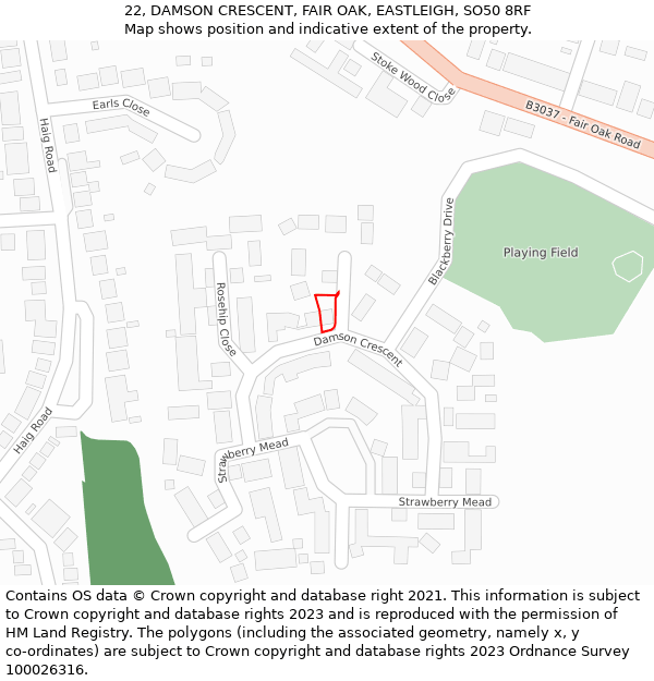 22, DAMSON CRESCENT, FAIR OAK, EASTLEIGH, SO50 8RF: Location map and indicative extent of plot