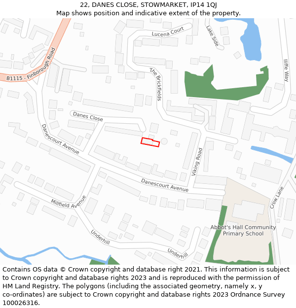 22, DANES CLOSE, STOWMARKET, IP14 1QJ: Location map and indicative extent of plot