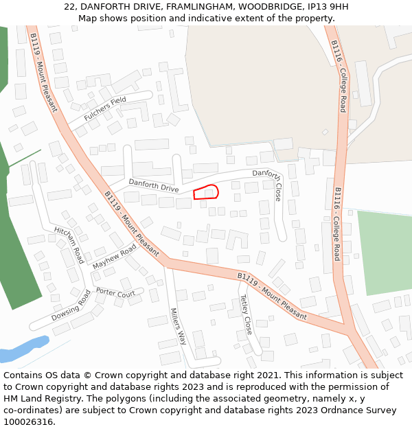22, DANFORTH DRIVE, FRAMLINGHAM, WOODBRIDGE, IP13 9HH: Location map and indicative extent of plot