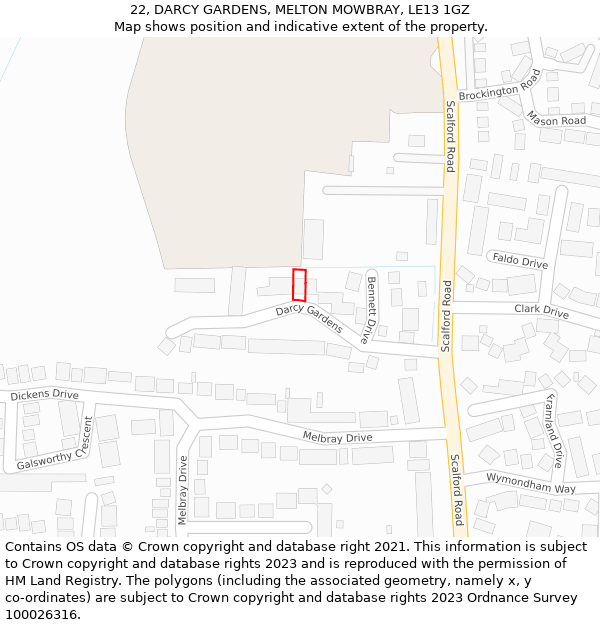 22, DARCY GARDENS, MELTON MOWBRAY, LE13 1GZ: Location map and indicative extent of plot