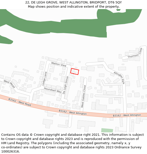 22, DE LEGH GROVE, WEST ALLINGTON, BRIDPORT, DT6 5QY: Location map and indicative extent of plot