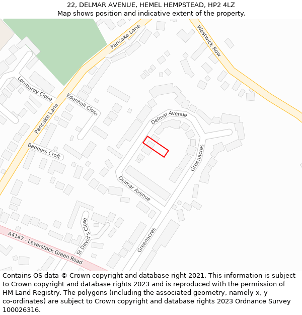 22, DELMAR AVENUE, HEMEL HEMPSTEAD, HP2 4LZ: Location map and indicative extent of plot