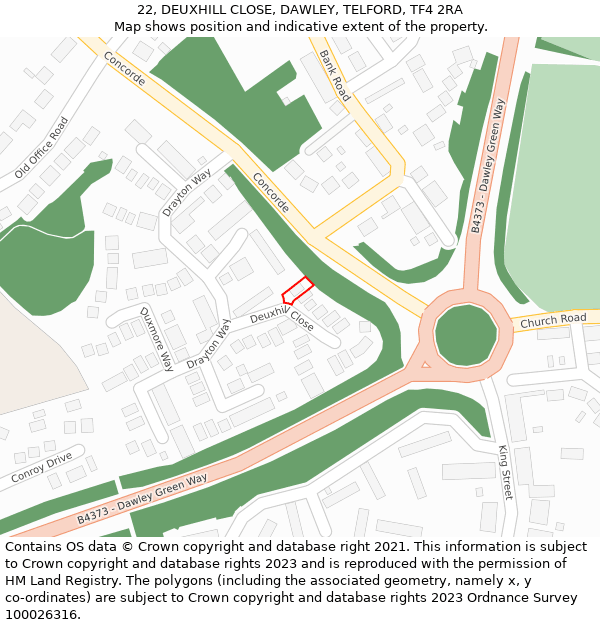 22, DEUXHILL CLOSE, DAWLEY, TELFORD, TF4 2RA: Location map and indicative extent of plot