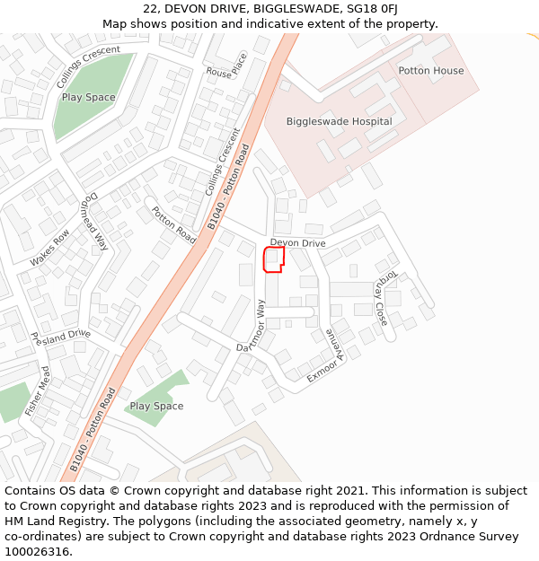 22, DEVON DRIVE, BIGGLESWADE, SG18 0FJ: Location map and indicative extent of plot