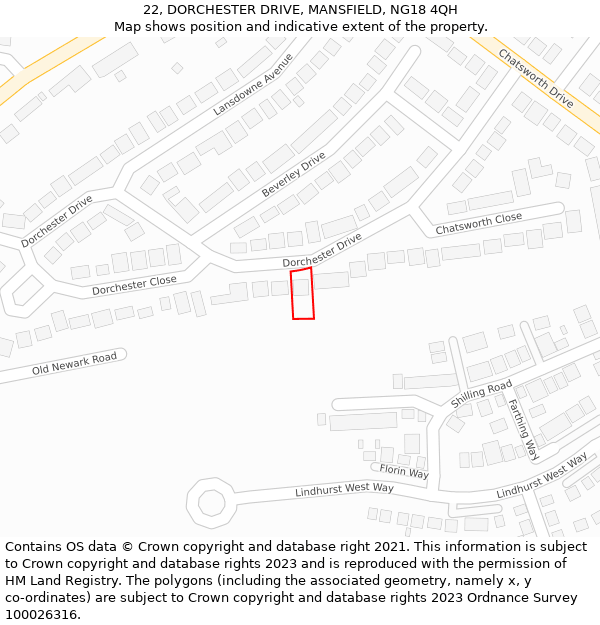 22, DORCHESTER DRIVE, MANSFIELD, NG18 4QH: Location map and indicative extent of plot