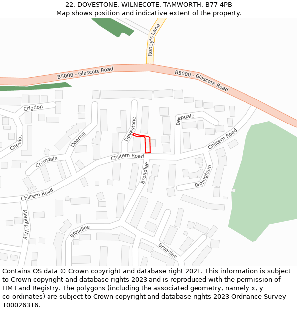 22, DOVESTONE, WILNECOTE, TAMWORTH, B77 4PB: Location map and indicative extent of plot