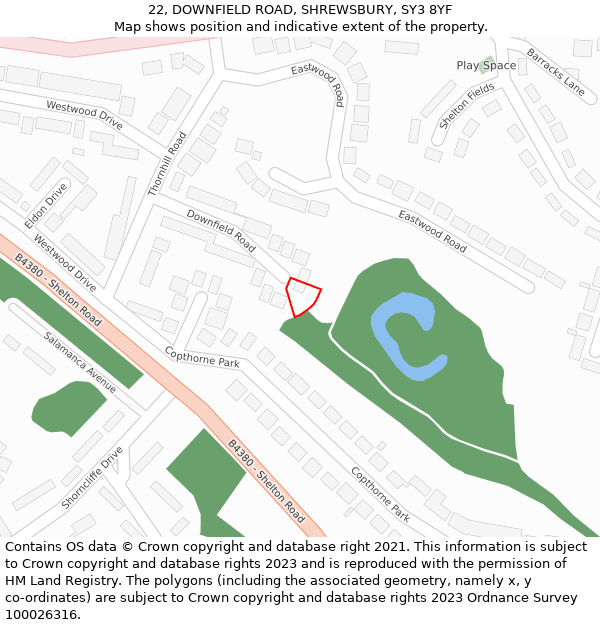 22, DOWNFIELD ROAD, SHREWSBURY, SY3 8YF: Location map and indicative extent of plot