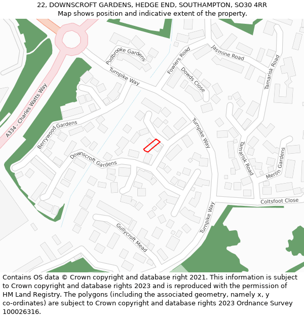 22, DOWNSCROFT GARDENS, HEDGE END, SOUTHAMPTON, SO30 4RR: Location map and indicative extent of plot