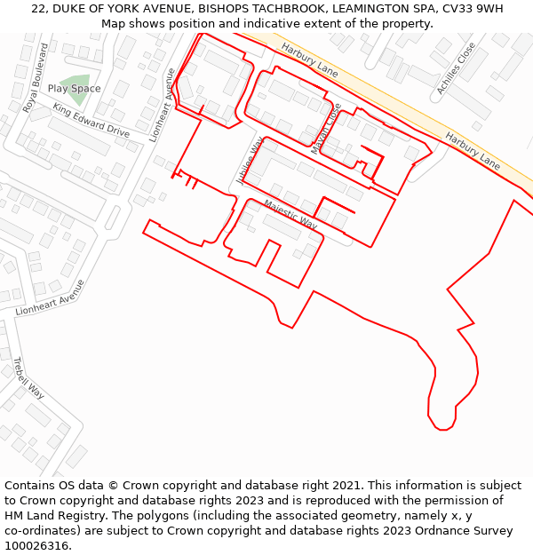 22, DUKE OF YORK AVENUE, BISHOPS TACHBROOK, LEAMINGTON SPA, CV33 9WH: Location map and indicative extent of plot