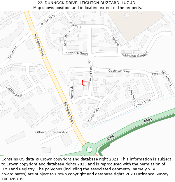 22, DUNNOCK DRIVE, LEIGHTON BUZZARD, LU7 4DL: Location map and indicative extent of plot