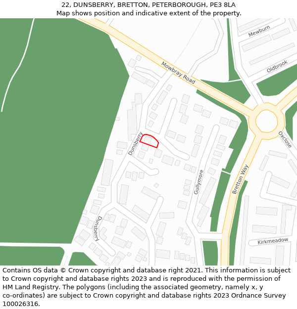 22, DUNSBERRY, BRETTON, PETERBOROUGH, PE3 8LA: Location map and indicative extent of plot