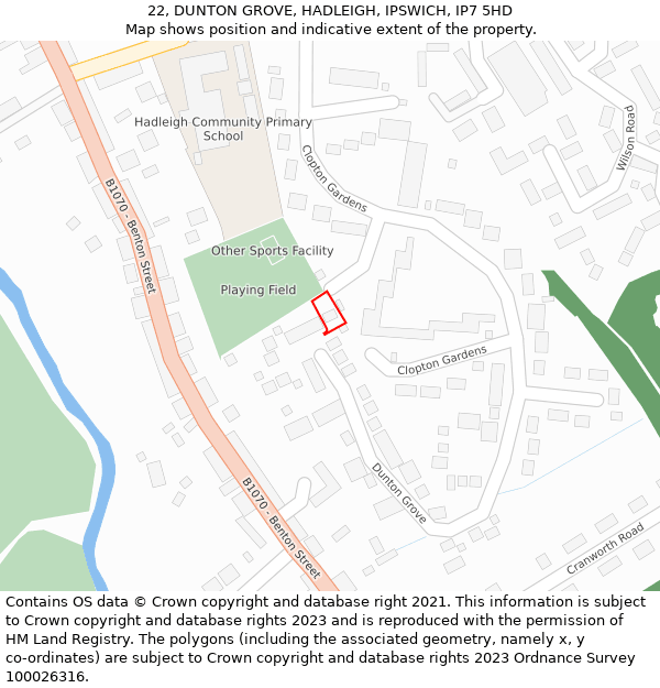 22, DUNTON GROVE, HADLEIGH, IPSWICH, IP7 5HD: Location map and indicative extent of plot