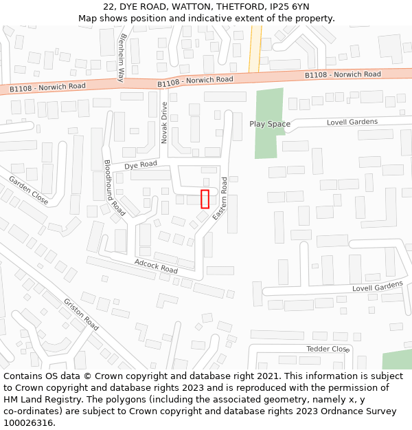 22, DYE ROAD, WATTON, THETFORD, IP25 6YN: Location map and indicative extent of plot