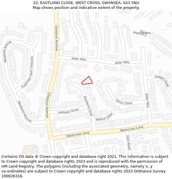 22, EASTLAND CLOSE, WEST CROSS, SWANSEA, SA3 5NU: Location map and indicative extent of plot