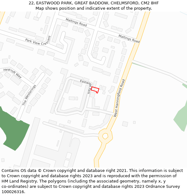 22, EASTWOOD PARK, GREAT BADDOW, CHELMSFORD, CM2 8HF: Location map and indicative extent of plot