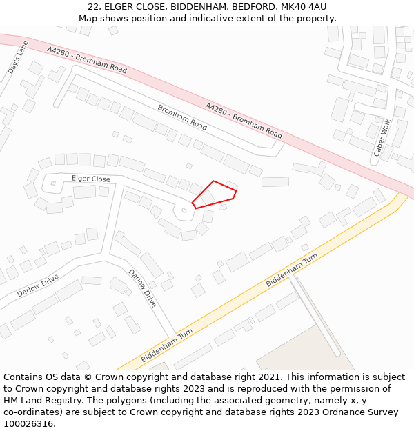 22, ELGER CLOSE, BIDDENHAM, BEDFORD, MK40 4AU: Location map and indicative extent of plot