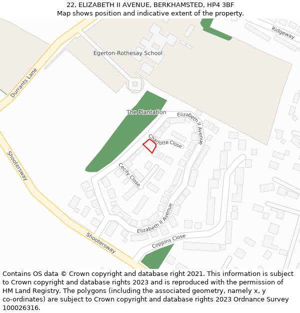 22, ELIZABETH II AVENUE, BERKHAMSTED, HP4 3BF: Location map and indicative extent of plot
