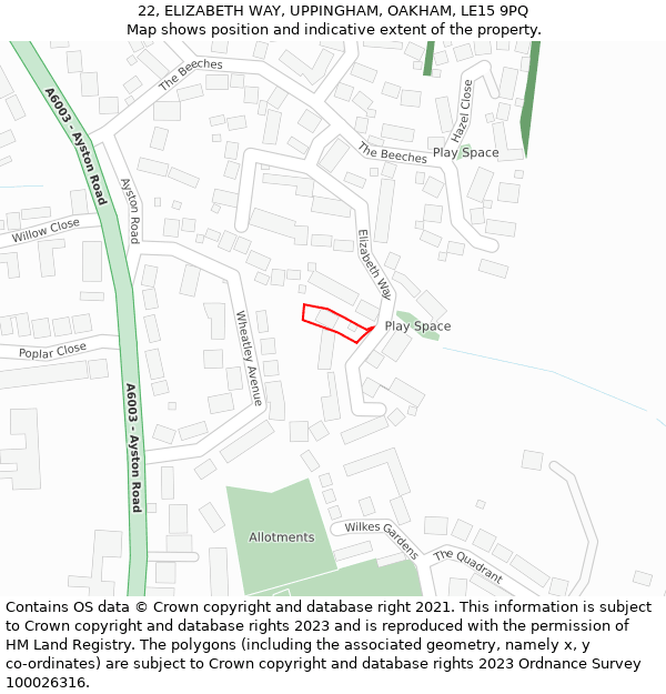 22, ELIZABETH WAY, UPPINGHAM, OAKHAM, LE15 9PQ: Location map and indicative extent of plot