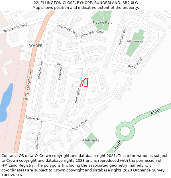 22, ELLINGTON CLOSE, RYHOPE, SUNDERLAND, SR2 0LG: Location map and indicative extent of plot