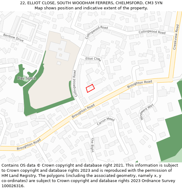 22, ELLIOT CLOSE, SOUTH WOODHAM FERRERS, CHELMSFORD, CM3 5YN: Location map and indicative extent of plot