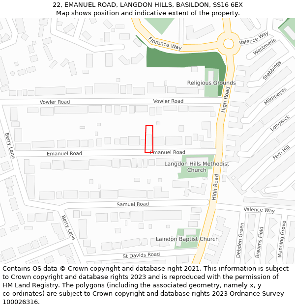 22, EMANUEL ROAD, LANGDON HILLS, BASILDON, SS16 6EX: Location map and indicative extent of plot
