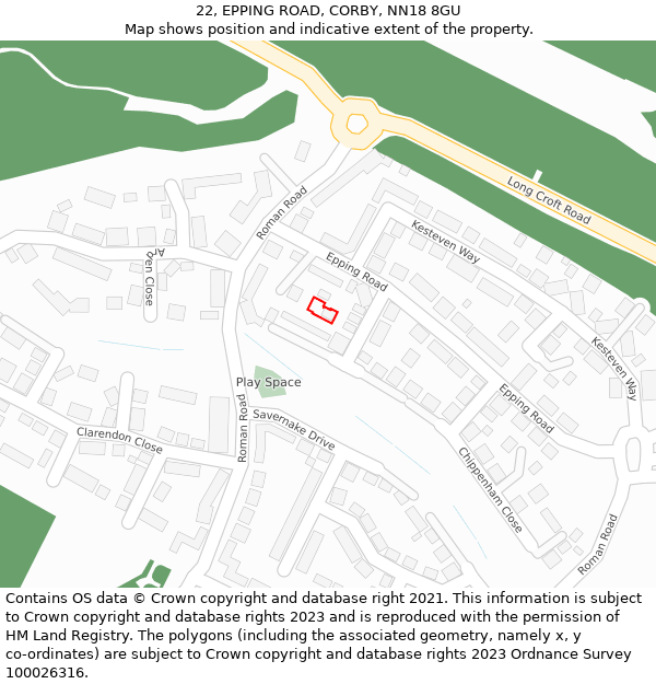 22, EPPING ROAD, CORBY, NN18 8GU: Location map and indicative extent of plot