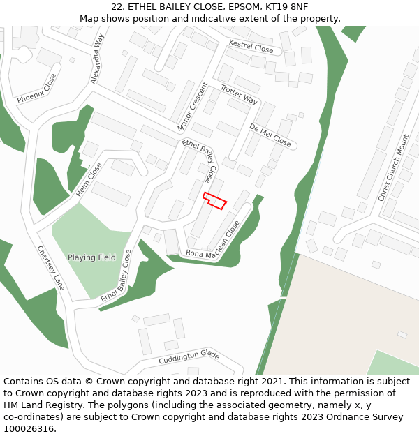 22, ETHEL BAILEY CLOSE, EPSOM, KT19 8NF: Location map and indicative extent of plot