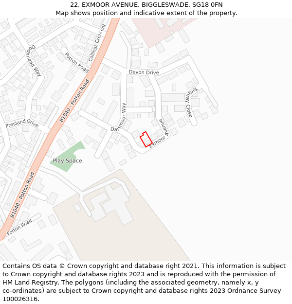 22, EXMOOR AVENUE, BIGGLESWADE, SG18 0FN: Location map and indicative extent of plot