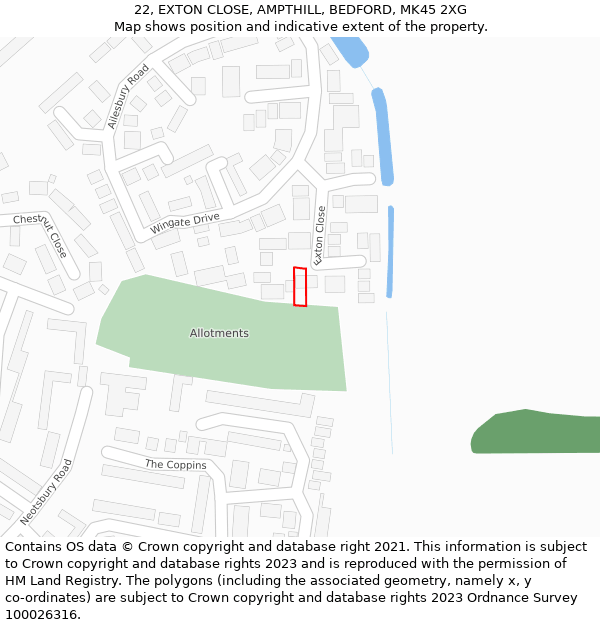 22, EXTON CLOSE, AMPTHILL, BEDFORD, MK45 2XG: Location map and indicative extent of plot