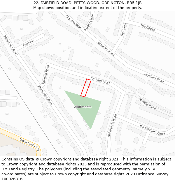 22, FAIRFIELD ROAD, PETTS WOOD, ORPINGTON, BR5 1JR: Location map and indicative extent of plot