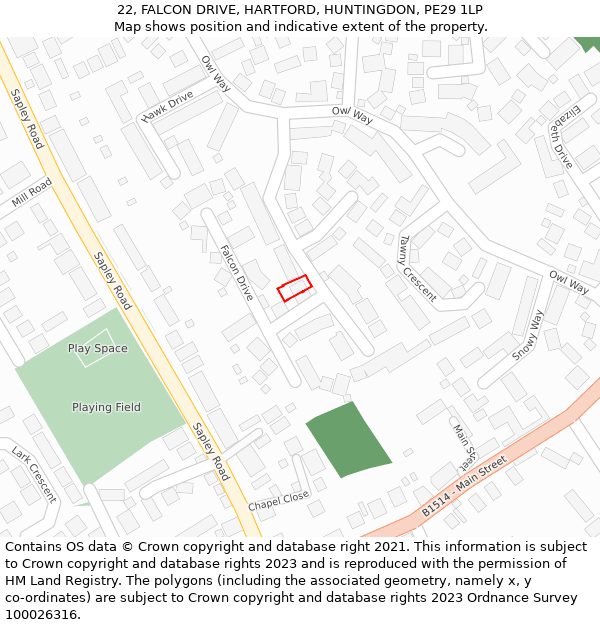 22, FALCON DRIVE, HARTFORD, HUNTINGDON, PE29 1LP: Location map and indicative extent of plot