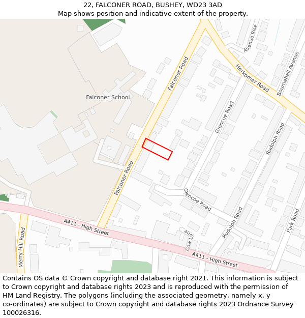 22, FALCONER ROAD, BUSHEY, WD23 3AD: Location map and indicative extent of plot