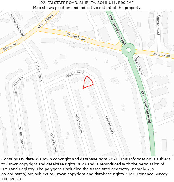 22, FALSTAFF ROAD, SHIRLEY, SOLIHULL, B90 2AF: Location map and indicative extent of plot