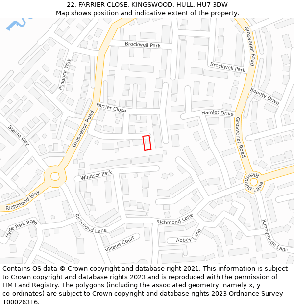 22, FARRIER CLOSE, KINGSWOOD, HULL, HU7 3DW: Location map and indicative extent of plot