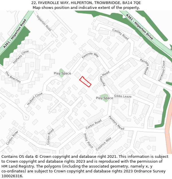 22, FAVEROLLE WAY, HILPERTON, TROWBRIDGE, BA14 7QE: Location map and indicative extent of plot