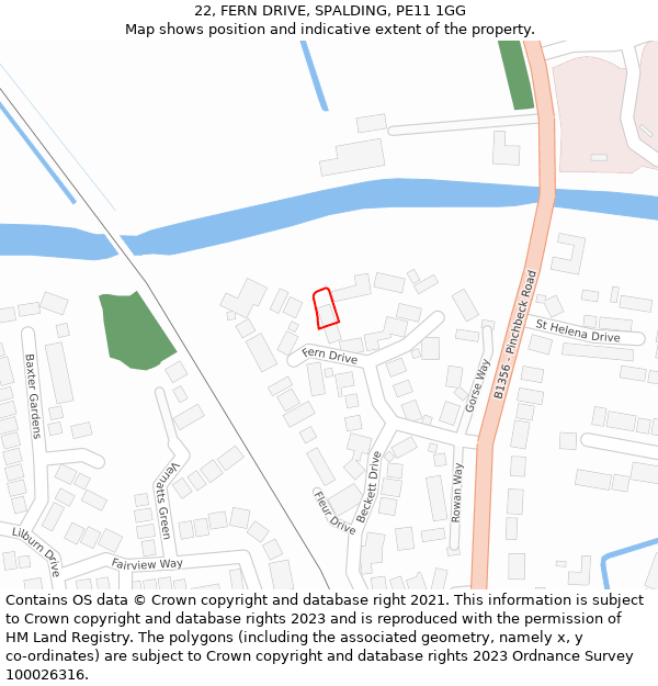 22, FERN DRIVE, SPALDING, PE11 1GG: Location map and indicative extent of plot