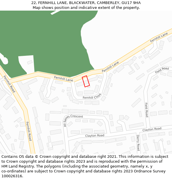 22, FERNHILL LANE, BLACKWATER, CAMBERLEY, GU17 9HA: Location map and indicative extent of plot