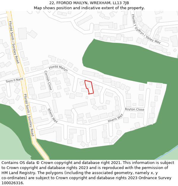 22, FFORDD MAILYN, WREXHAM, LL13 7JB: Location map and indicative extent of plot