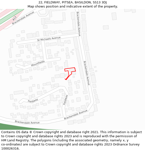 22, FIELDWAY, PITSEA, BASILDON, SS13 3DJ: Location map and indicative extent of plot