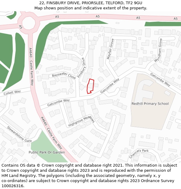 22, FINSBURY DRIVE, PRIORSLEE, TELFORD, TF2 9GU: Location map and indicative extent of plot