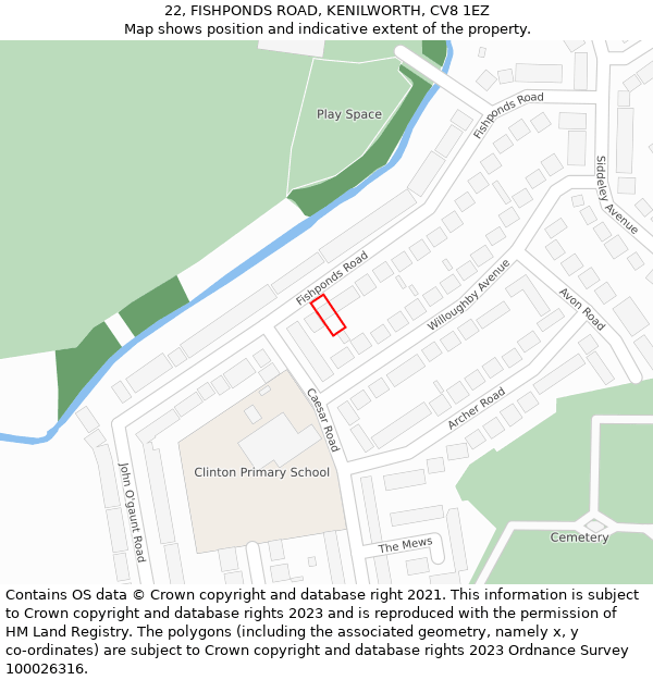 22, FISHPONDS ROAD, KENILWORTH, CV8 1EZ: Location map and indicative extent of plot