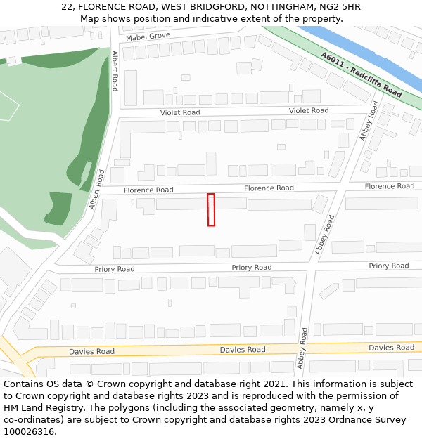 22, FLORENCE ROAD, WEST BRIDGFORD, NOTTINGHAM, NG2 5HR: Location map and indicative extent of plot