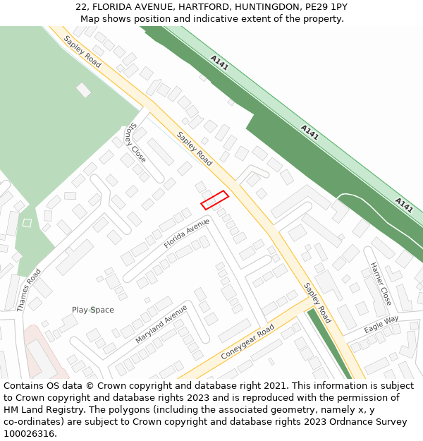 22, FLORIDA AVENUE, HARTFORD, HUNTINGDON, PE29 1PY: Location map and indicative extent of plot